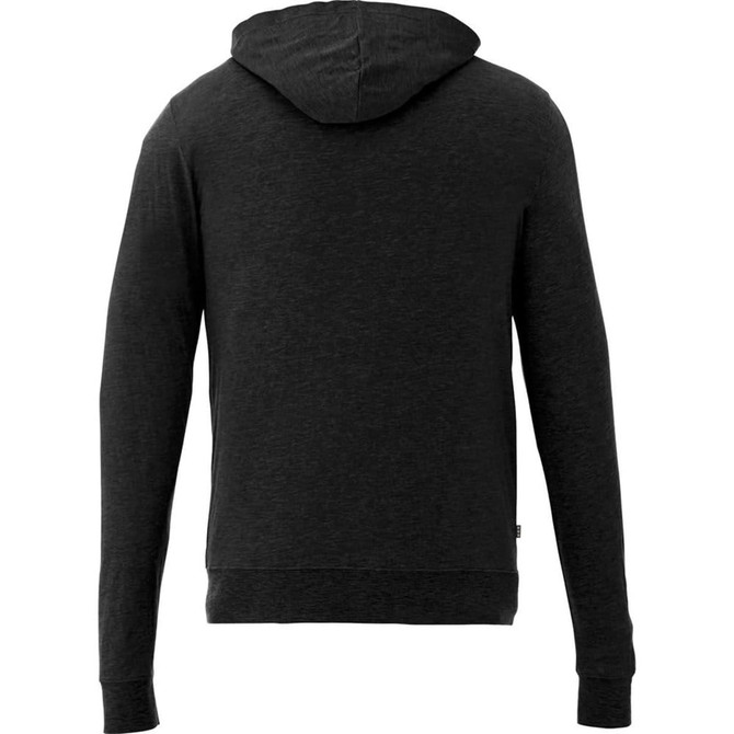 A black full zip hoodie for men, displaying the back view with a hood and long sleeves. Features a logo.