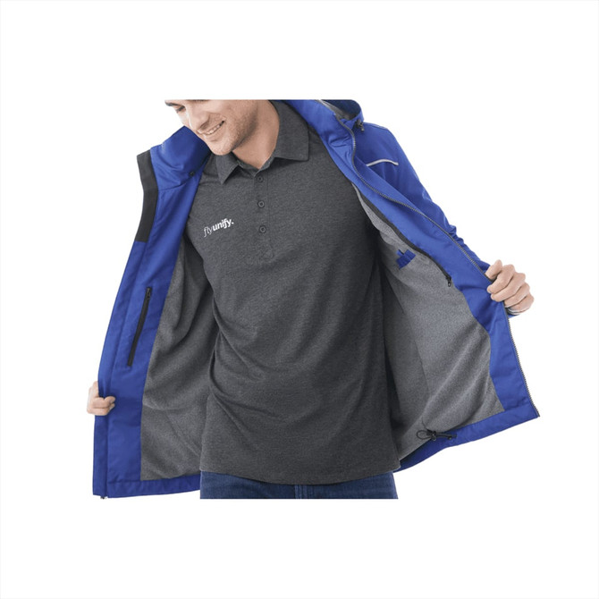 A men's fleece-lined jacket in blue, featuring a grey interior and a logo on the inner shirt.
