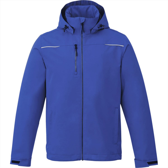 A blue fleece lined jacket with a hood, featuring zippers and a logo.