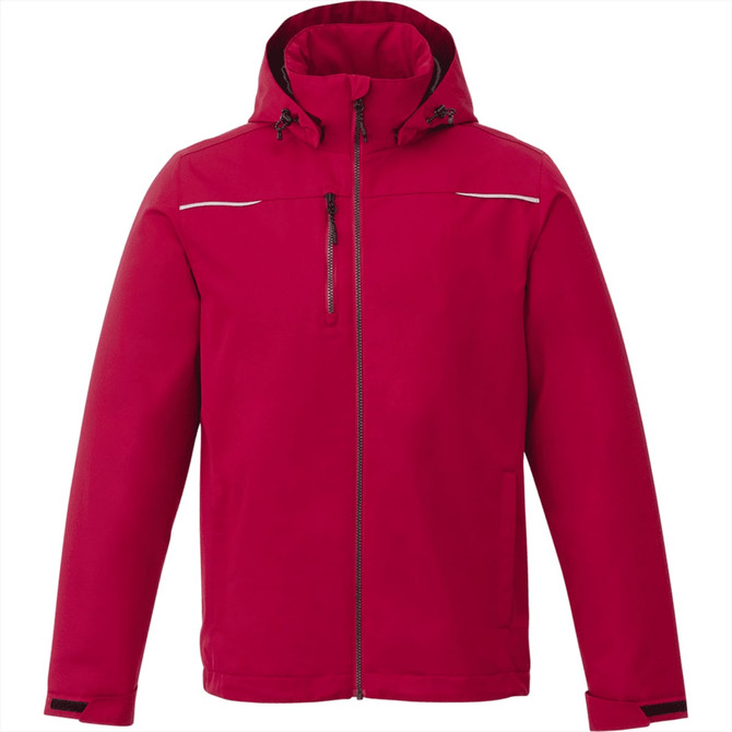 A red fleece lined men's jacket with a hood, featuring a zip front and a small chest pocket.