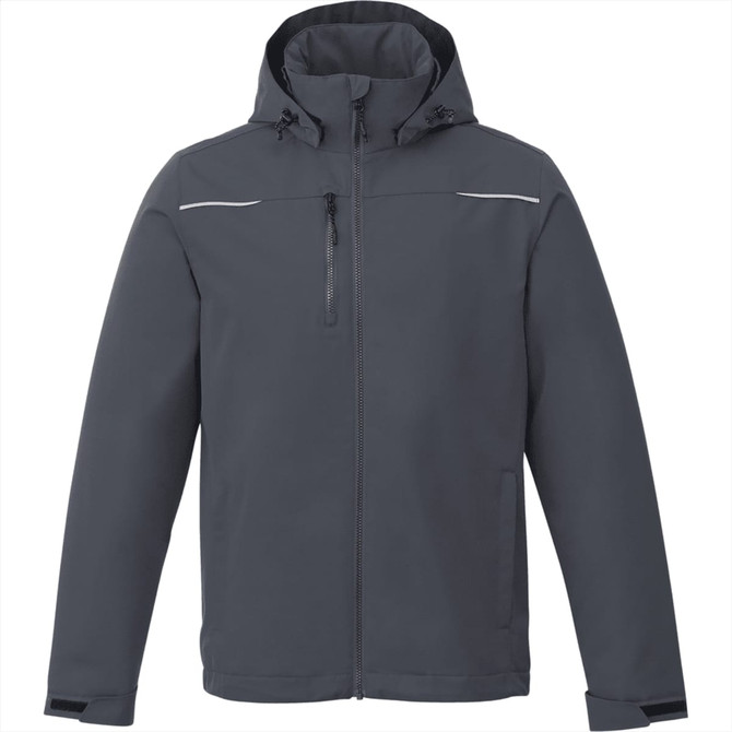 A men's fleece-lined jacket in dark grey with a hood and zippered pockets, featuring a logo on the chest.