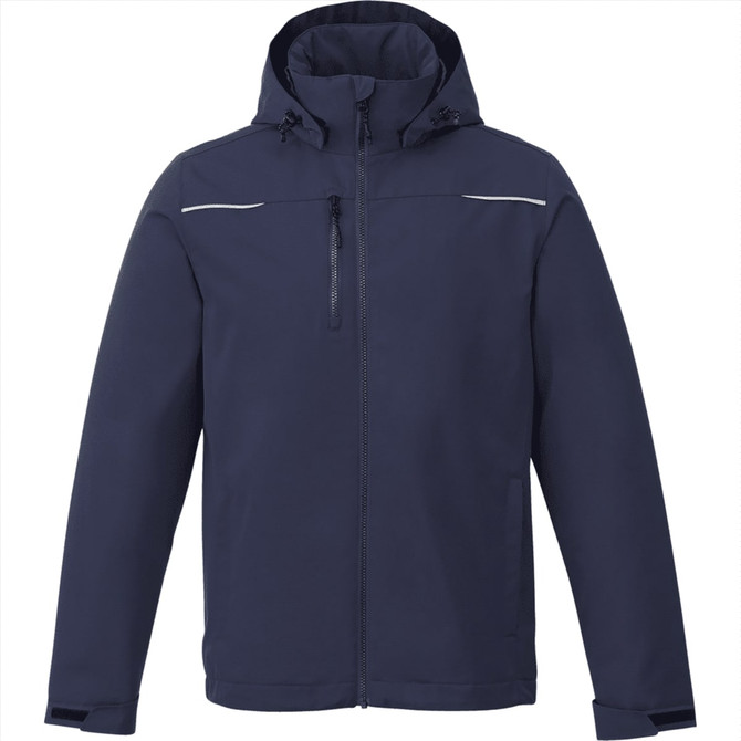 A navy fleece lined jacket for men with a hood, featuring a zip front and a logo.