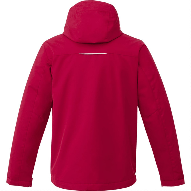 A red fleece lined jacket featuring a hood and a logo on the back.