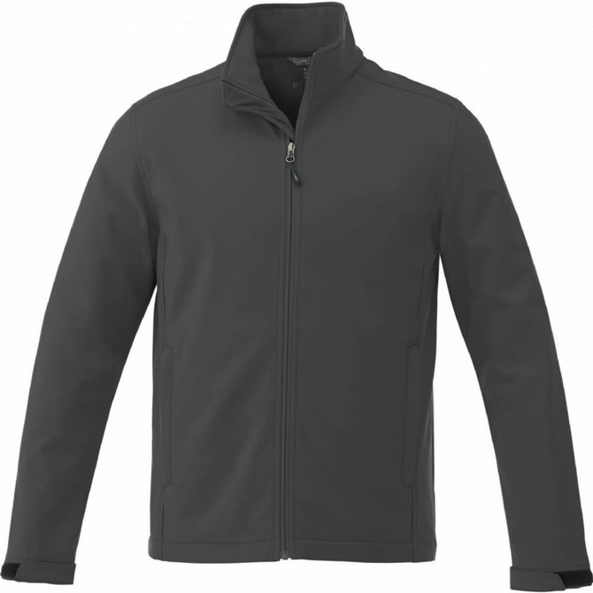 A men's softshell jacket in dark grey, featuring a full zipper and a collar, with branding.