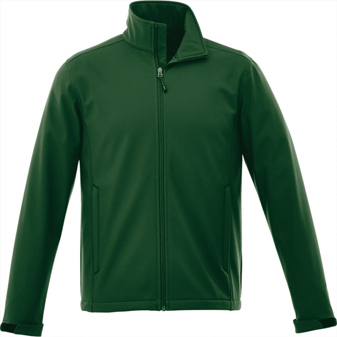 A green men's softshell jacket with a high collar and zippered front, featuring side pockets.