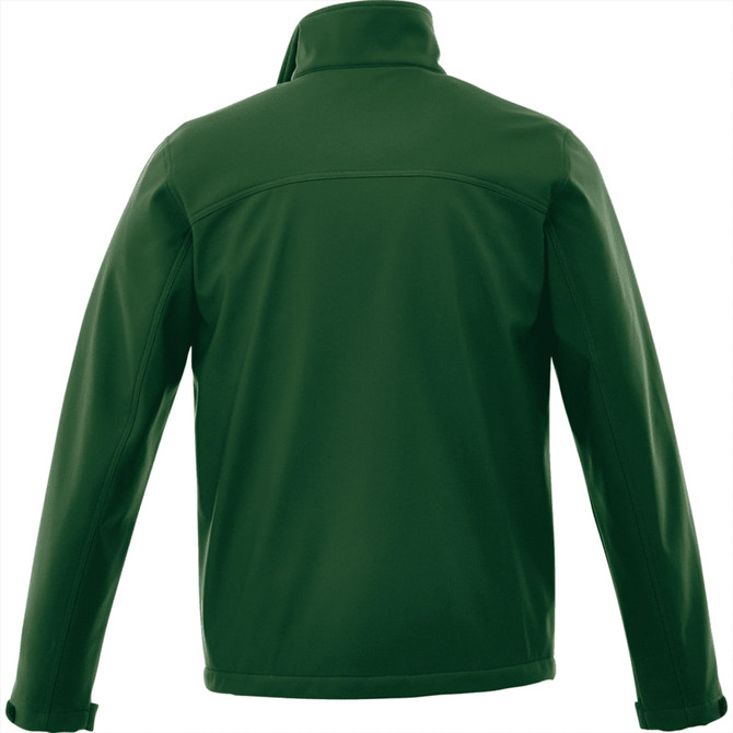 A green men's softshell jacket with a high collar and long sleeves, featuring a logo on the back.