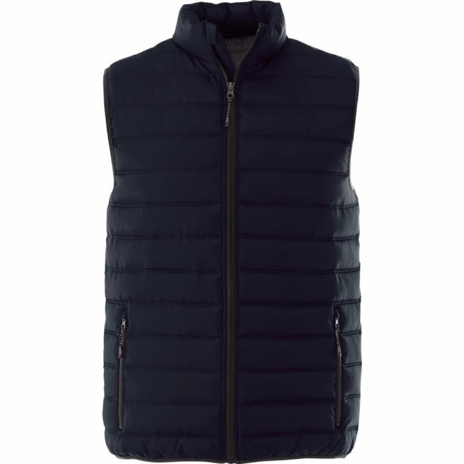 A navy insulated vest with a high collar, featuring a full front zipper and two side pockets.