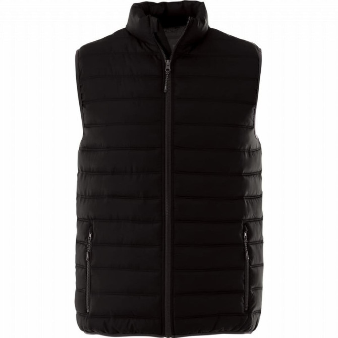 A black insulated vest with a stand-up collar and zippered pockets, featuring a branding logo.