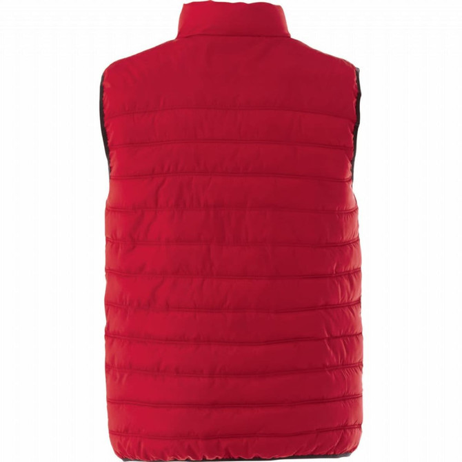 A red insulated vest with a quilted design and a high collar, featuring a logo on the back.