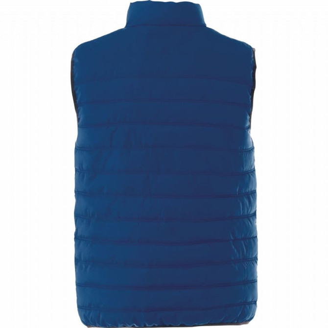 A blue insulated vest for men, featuring a quilted design and a high collar. It also has a branding logo.