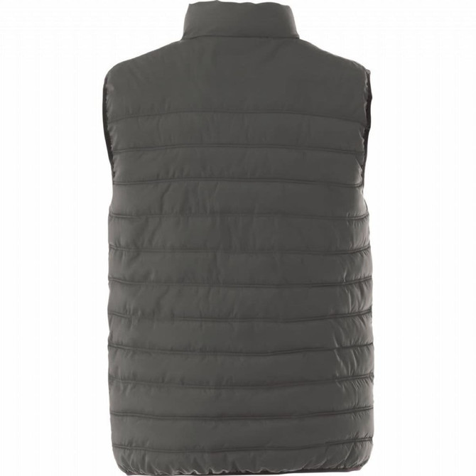 A green insulated vest featuring a zip-up design and a high collar, with a branded logo.
