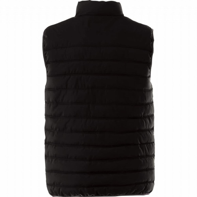A black insulated vest featuring a quilted design and a high collar, with a logo on the back.