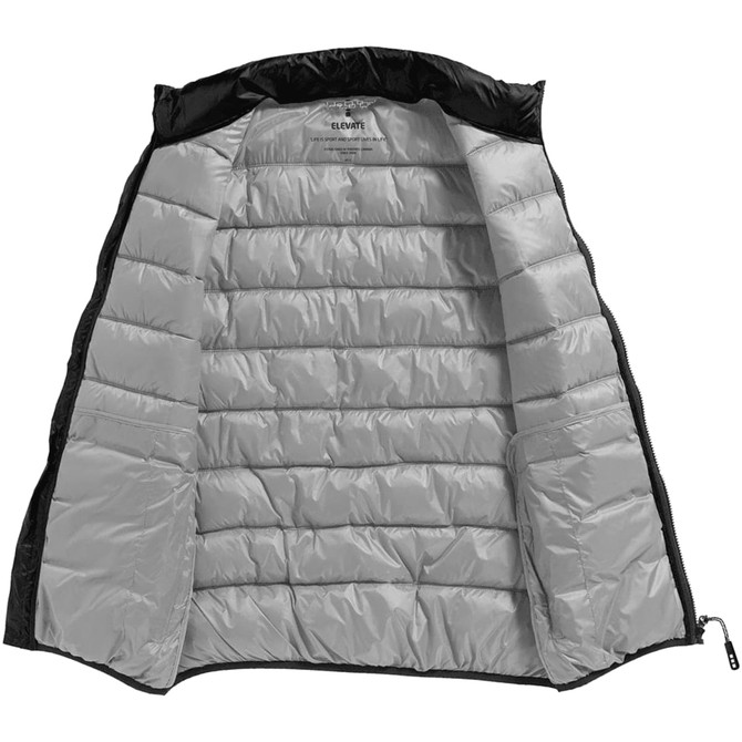 A black insulated vest with a silver interior, featuring a zip-up front and no visible exterior pockets.