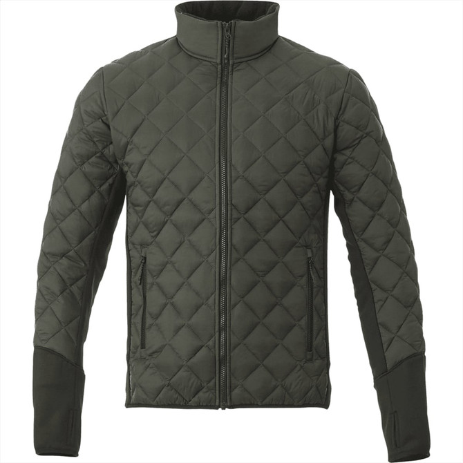 A men's hybrid insulated jacket in dark green with a quilted pattern and zip closure, featuring a logo on the design.