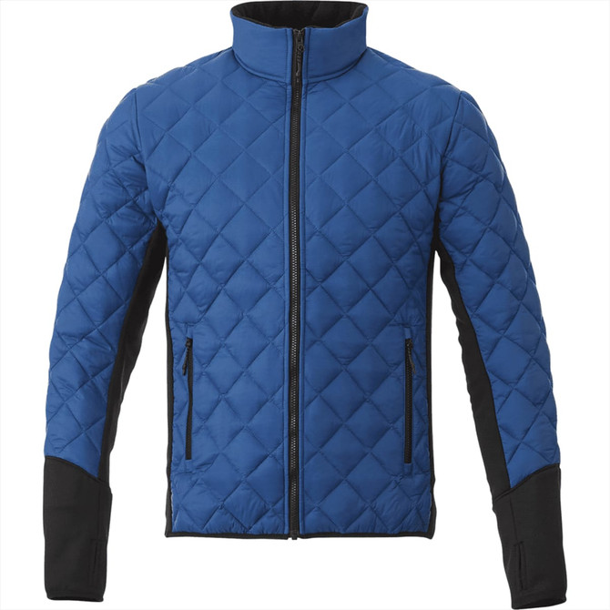 A blue insulated jacket featuring a quilted design and black sleeves, with zippered side pockets and a high collar.