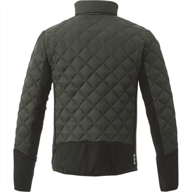 A men's insulated jacket in dark green, featuring a quilted design and a logo on the back.