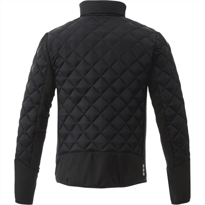 A black insulated jacket with a quilted design, featuring a collar and a logo on the side.
