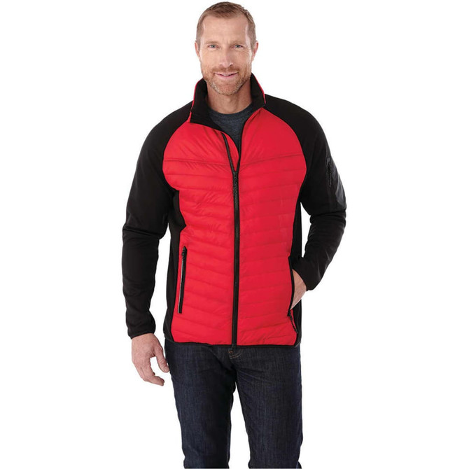 A men’s hybrid insulated jacket featuring a red body and black sleeves, with a branded logo on the sleeve.