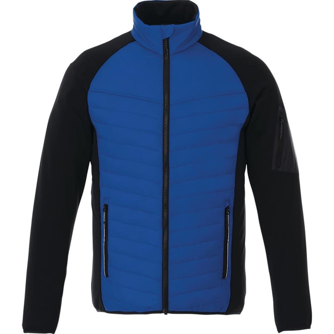 A men's insulated jacket featuring a blue body with black sleeves and a logo on one side.