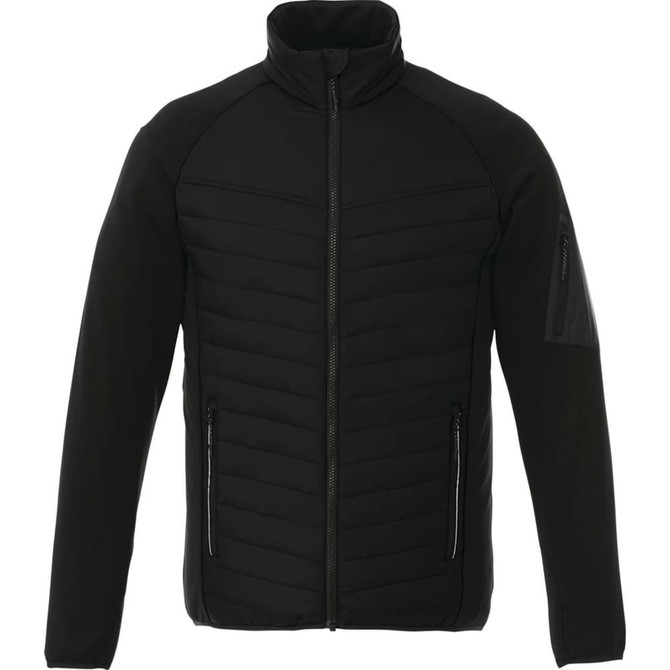 A black men's hybrid insulated jacket featuring a zip closure and side pockets, with a logo on the sleeve.
