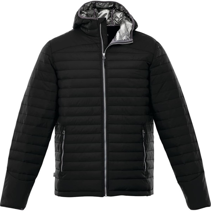 A black puffer jacket with a hood, featuring a zip front and side pockets, and a contrasting inner lining.