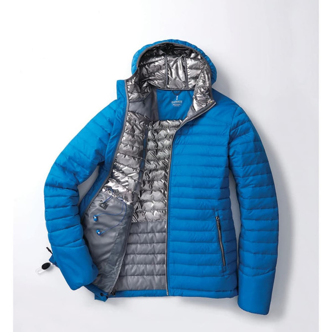 A blue puffer jacket with a silver interior, featuring a hood and zippered pockets. It has a logo on the inner lining.