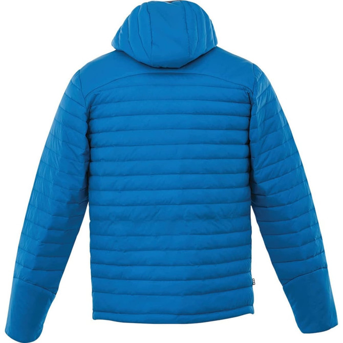 A blue packable insulated jacket for men, featuring a hood and a quilted design. Includes a branding logo.
