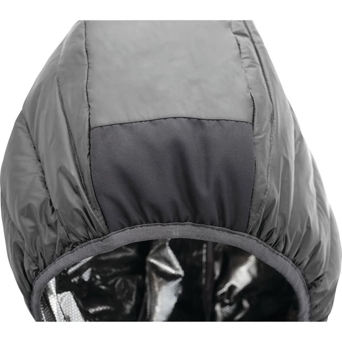 A black puffer jacket with a lined hood, showcasing a sleek, insulated design. Features a branding logo.
