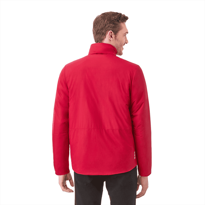 A man wearing a red insulated puffer jacket, showcasing the back design and collar. The jacket features a logo.