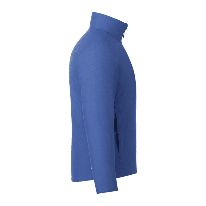 A blue insulated puffer jacket featuring a high collar and side zip pockets, with a logo present.