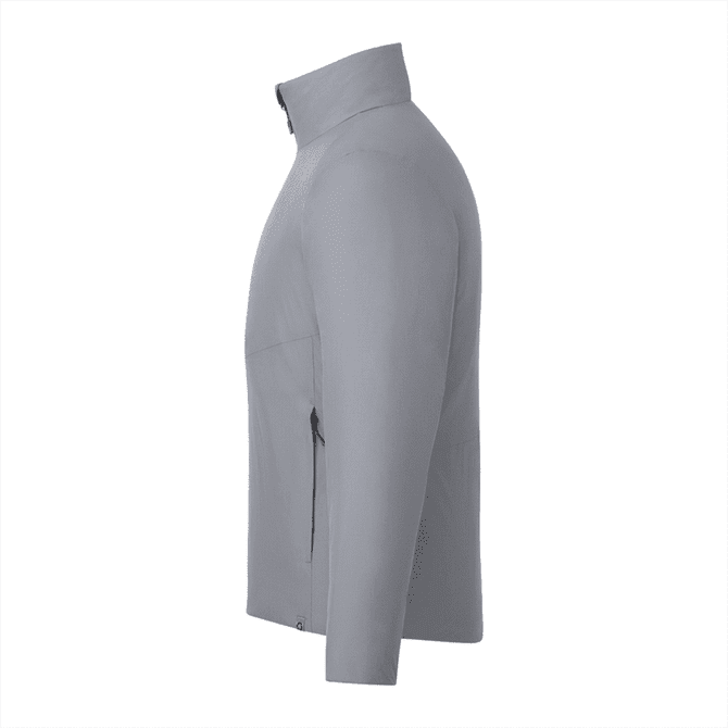 A grey insulated puffer jacket for men with a sleek design and side pockets. Features a logo on the sleeve.
