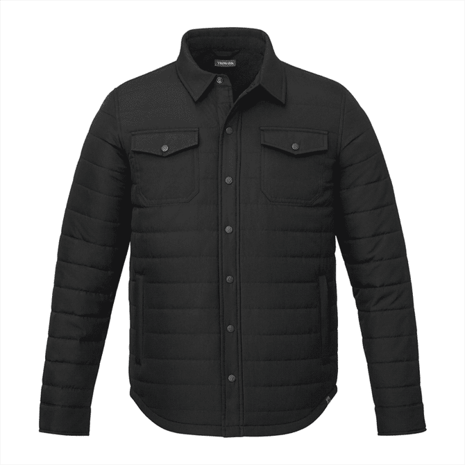 A black insulated shacket featuring a button-up front and two chest pockets. It has a logo on the design.
