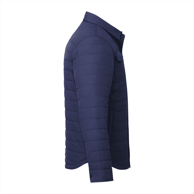 A navy insulated shacket for men featuring a buttoned collar and a side view. Includes a branding logo.