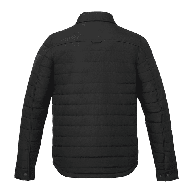 A black insulated shacket for men, featuring a quilted design and a collar, with a logo on the back.