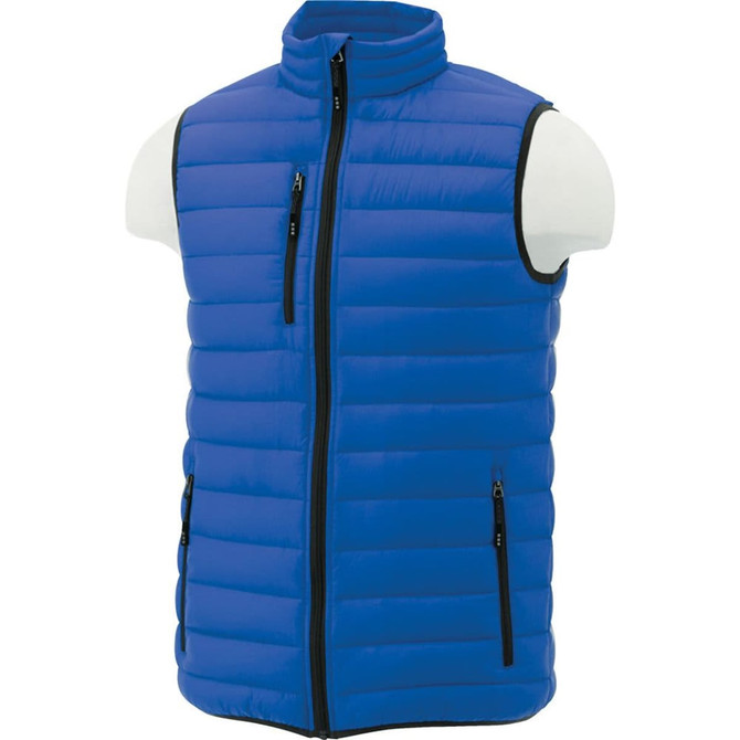 A blue men's down vest with a high collar and zippered pockets, displayed on a mannequin.