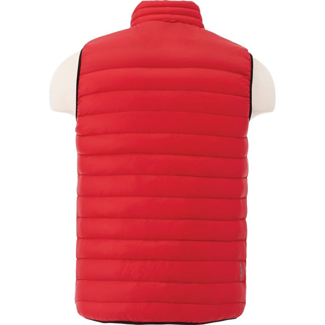 A red puffy vest with a high collar, featuring horizontal stitching and a logo.