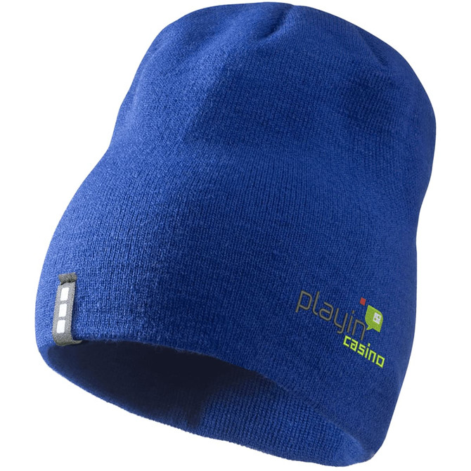 A blue unisex knit beanie with a logo on the side. Designed for comfort and style.