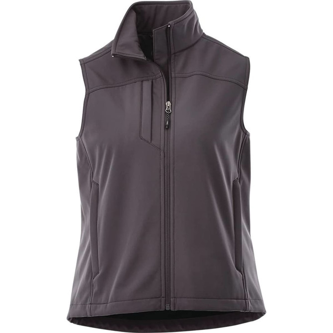 A women's softshell vest in dark grey with a high collar and zip front, featuring a logo on the side.