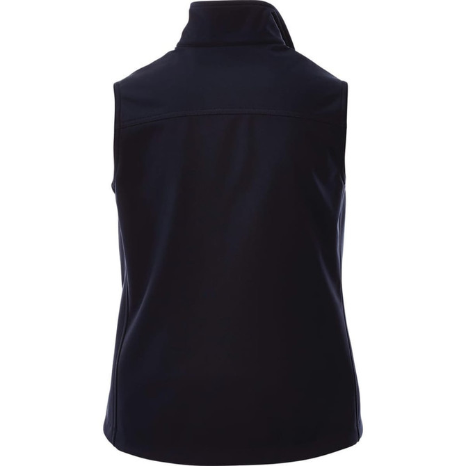 A navy softshell vest for women, featuring a high collar and a logo on the back.