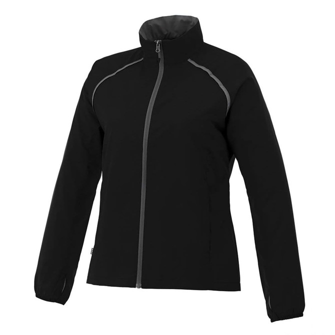 A women's packable jacket in black with grey accents, featuring a full zip and a high collar.