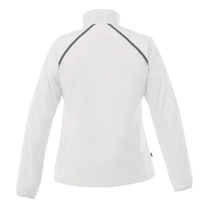 A women's packable rain jacket in white with a high collar and reflective detailing on the back.