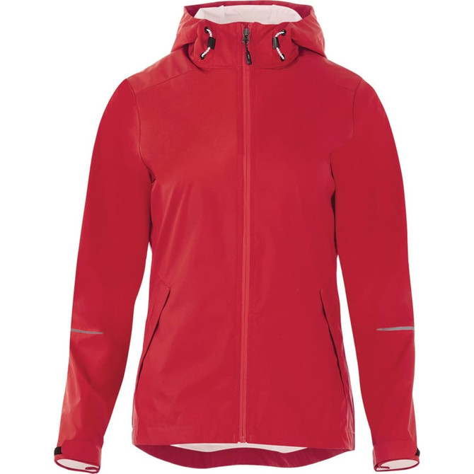 A red women's rain jacket with a zip front, hood, and reflective detailing. It features a logo on the chest.