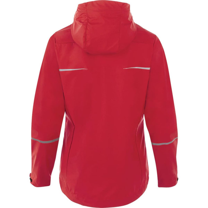 A red women's rain jacket featuring a hood and reflective details at the back. It has a logo on it.