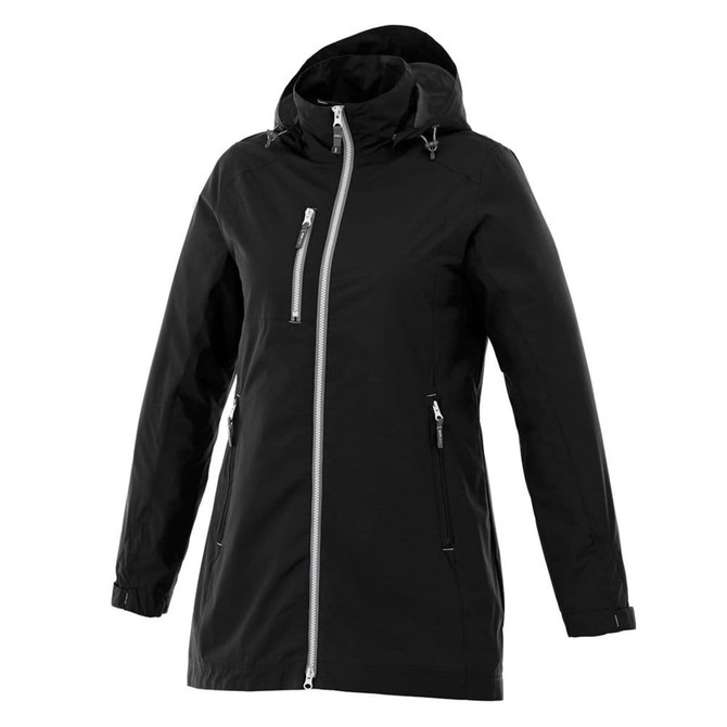 Women's Ansel Jacket in black, featuring a hood and multiple zippered pockets. Includes a branding logo.