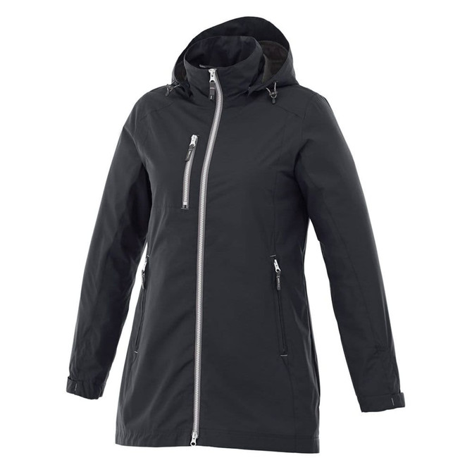 A women's rain jacket in black with a hood and zippered pockets, featuring a sleek design and a logo.