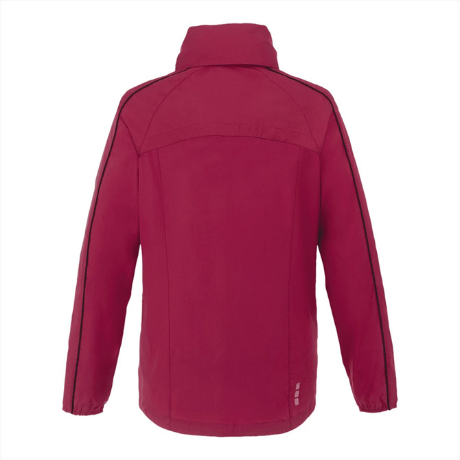 A red women's packable rain jacket with a high collar and contrasting seams. It features a brand logo.