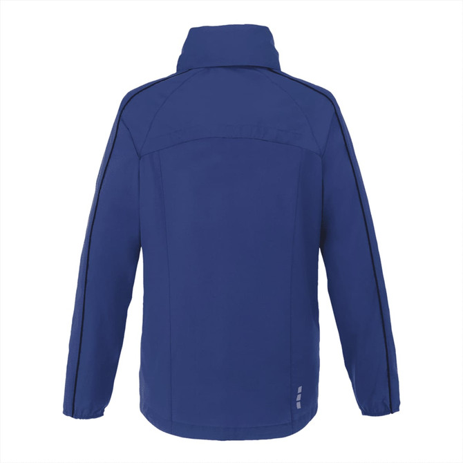A blue women's rain jacket featuring a high collar, side panel details, and a logo.