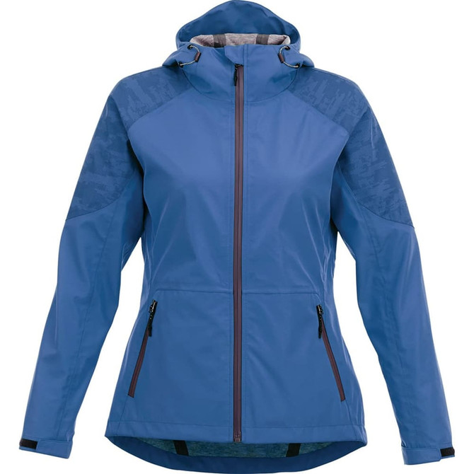 A women's softshell jacket in blue with a hood, featuring zippered pockets and a patterned design on the sleeves.