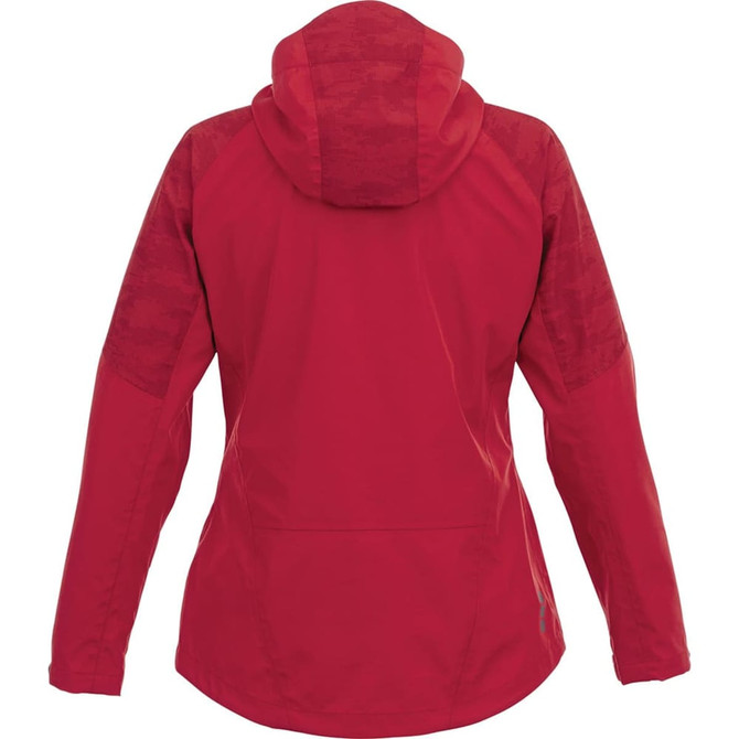 A red women's softshell jacket with a hood and patterned sleeves, featuring a logo on the back.