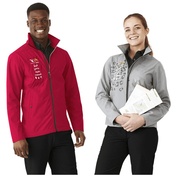 A red softshell jacket and a grey softshell jacket displayed on models, featuring logos and a stylish design.